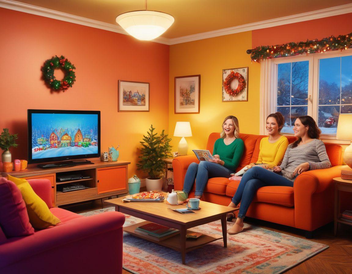 A cozy living room scene with a family gathered around a television, beaming with joy as they watch a colorful and heartwarming ITV show. The walls are adorned with cheerful decorations and warm lighting creates a comforting atmosphere. Include playful pets and snacks on a coffee table, emphasizing a sense of togetherness and entertainment. Illustration style: vibrant colors, cartoonish, inviting ambiance.