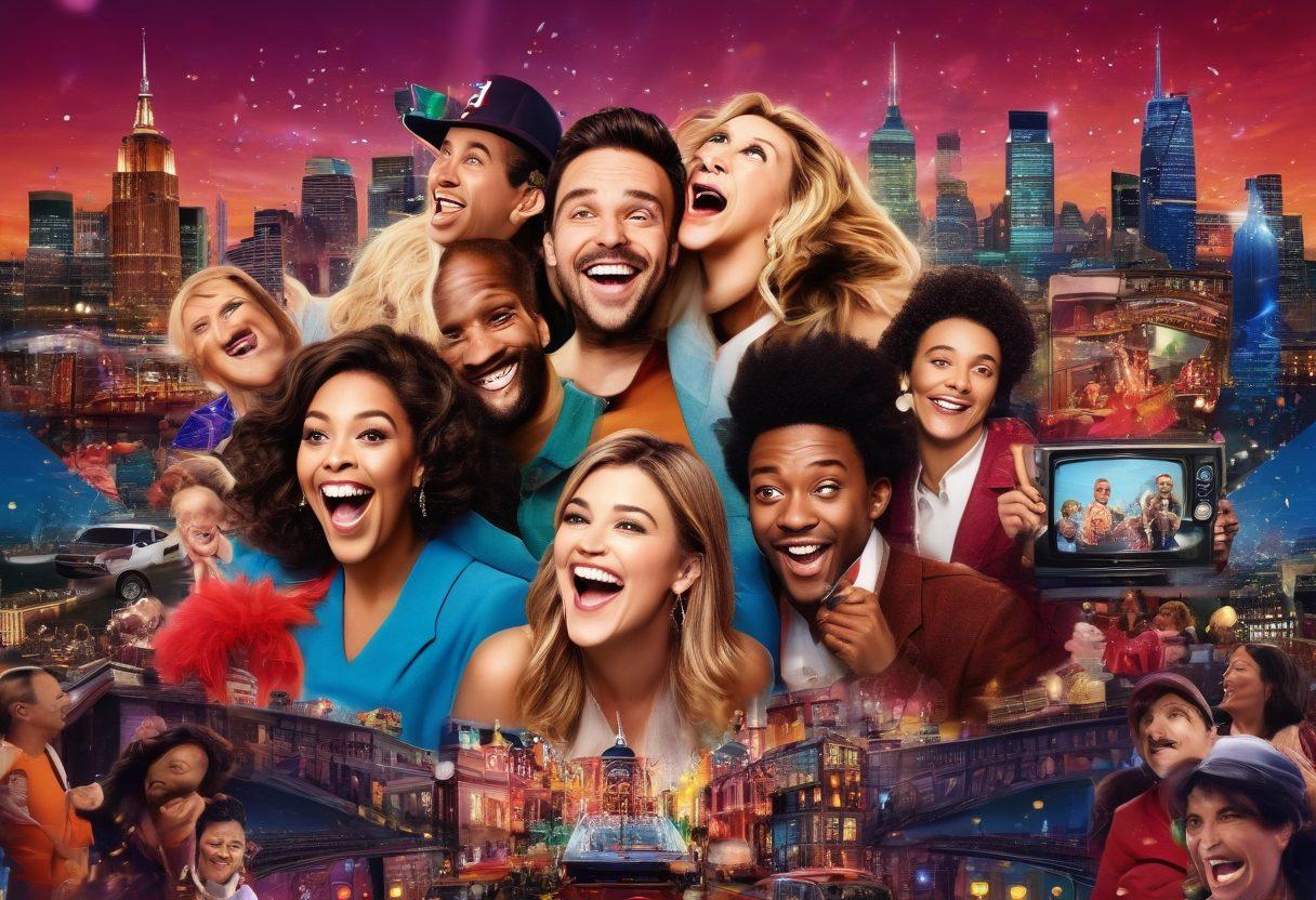 A vibrant collage of iconic ITV shows showcasing joyful moments, with characters laughing and engaging in fun activities. Include elements such as television screens, confetti, and bright colors to enhance the festive feel. In the background, a stylized cityscape reflecting the essence of entertainment culture. Incorporate whimsical designs to capture the lighthearted spirit of ITV's programming. super-realistic. vibrant colors. 3D.